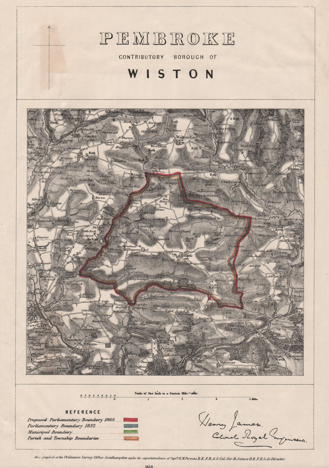 Pembroke Contributory Borough of Wiston. JAMES. BOUNDARY COMMISSION 1868 map